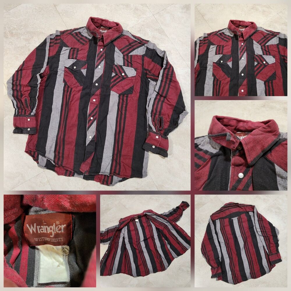 VTG Wrangler Western Mens L Large Cotton Striped Long Sleeve Pearl Snap Shirt